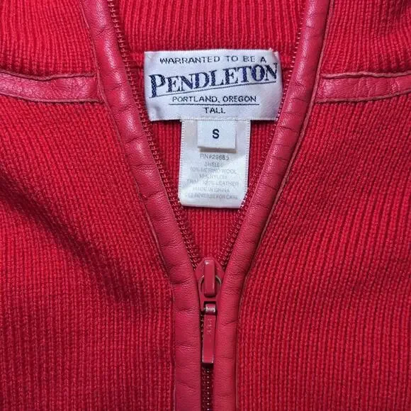 Pendleton full zip leather trim merino wool blend red sweater womens sz S TALL - Picture 7 of 12